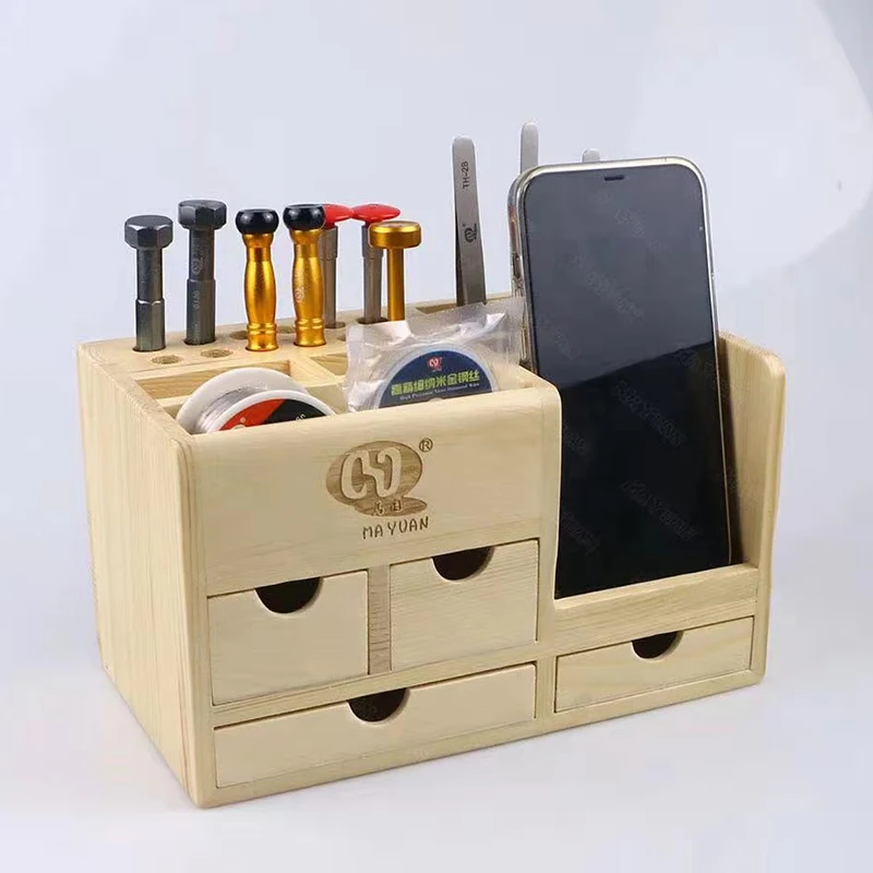 MA YUAN Multifunction Wooden Storage Box Screwdriver Tweezers Holder Mobile Phone Repair Desktop Reception Tool Parts Box