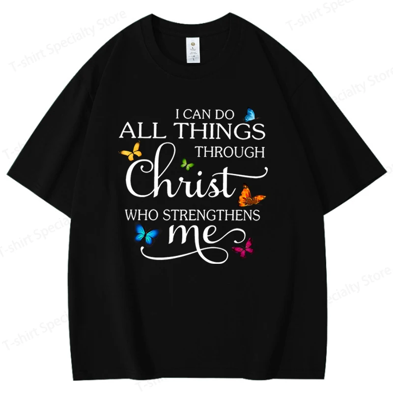 I Can Do All Things Through Christ Women's Cotton Tee - Butterfly Christian Graphic Casual Pure Cotton Top 100% Cotton T Shirt