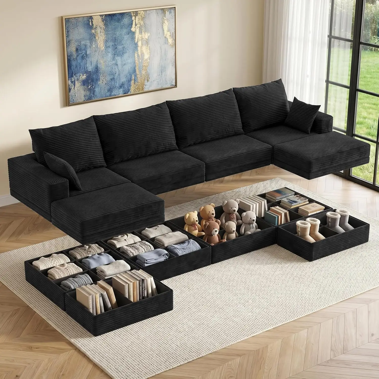142'' Modular Sectional Sofa Deep Seat Corduroy Couch Storage Ottoman 27