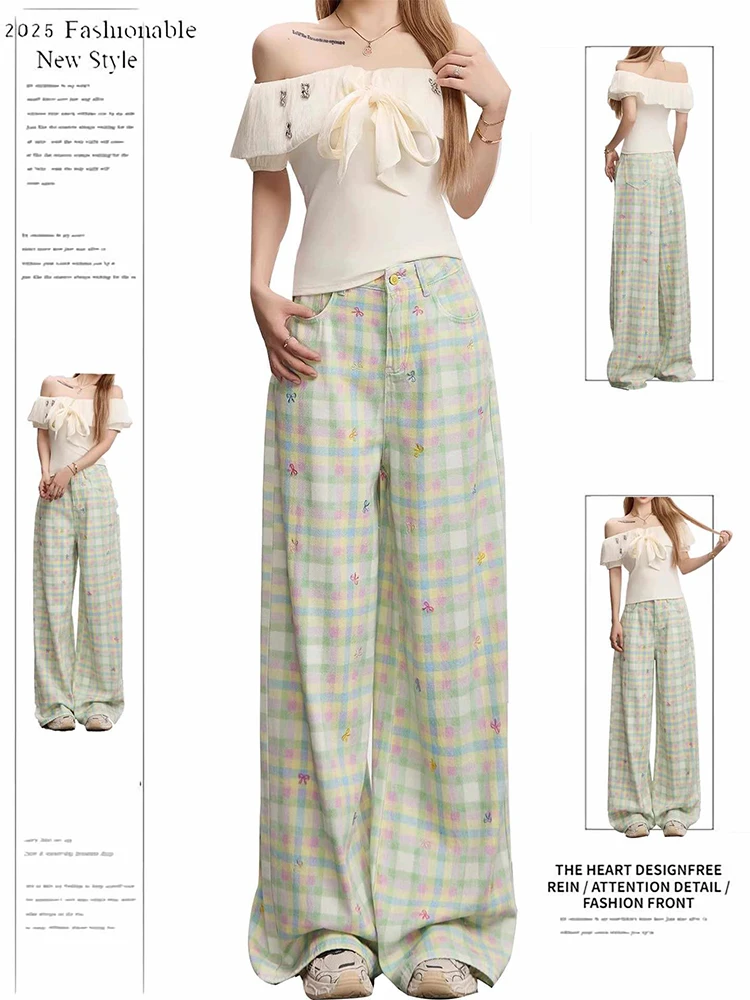 Women's Checkered Pants Baggy Pants High Street 2000s Long Trousers Designer Harajuku Pantalones Korean Chic Y2k New Embroidery