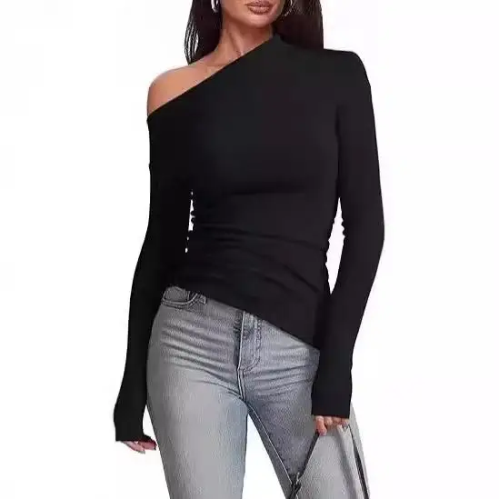 

Women's aron Colored irt with Sloped oulders Long Sve Regular Sve Length Pure Color Polyester Fiber 00%