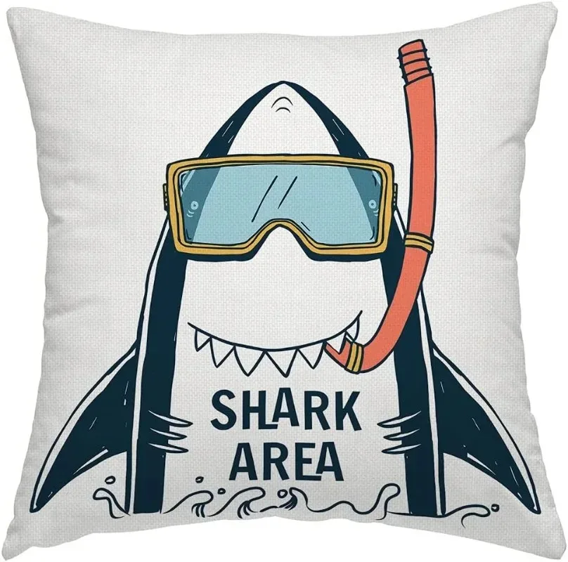 Swono Shark Area Throw Pillow Cover Cartoon Funny Ocean Animal Fish Mediterranean Style Decorative Pillow Case Home Decor Square