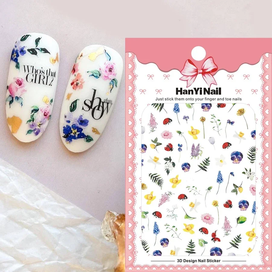 DIY-Nagelkunst-Dekorationen, selbstklebende Aufkleber mit Frühlings- und Sommerdesign, Buchstaben, Früchten, Blumen und Insekten für kreative Bastelarbeiten.