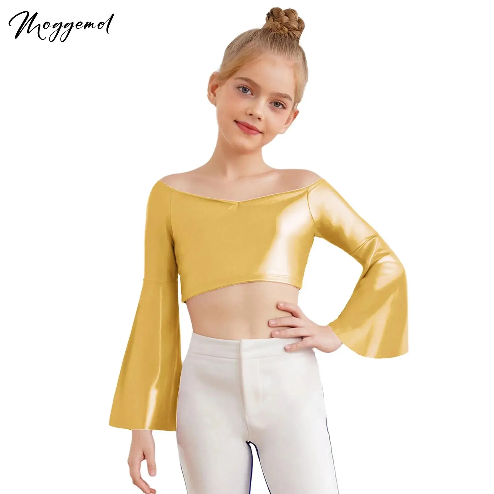 قميص علوي للفتيات لرقص الجاز بأكمام طويلة وأكتاف مكشوفة معدنية لأداء مرحلة التصوير الفوتوغرافي لحفلات أعياد الميلاد