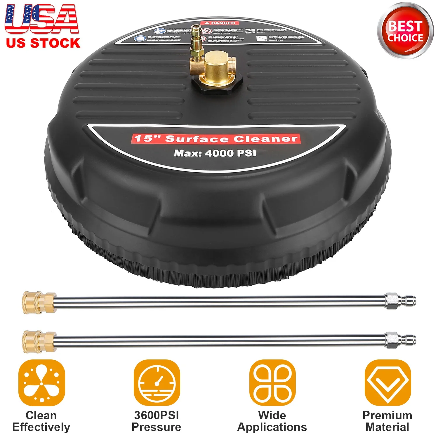 

15" Pressure Washer Surface Cleaner 4000 PSI Concrete Driveway Patio Sidewalk Cleaner Attachment with 2 Extension Wands, Dual Rotating Jets, US Stock Fast Delivery