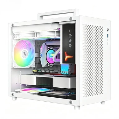 White Portable‑Handle Mini Desktop PC Case, Side Transparent Panel Support M‑ATX Mainboard and 240mm Water Cooling