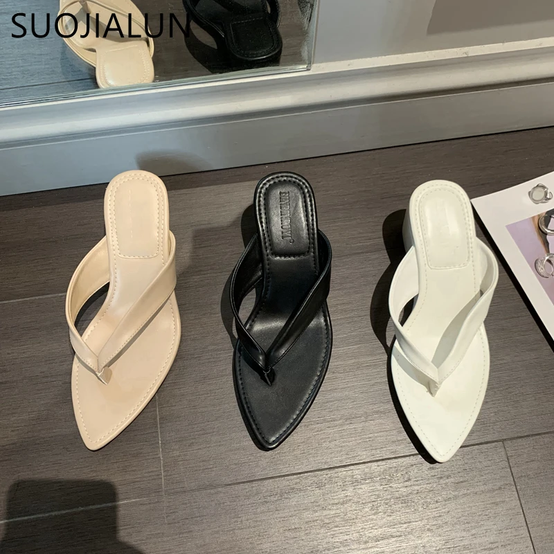 SUOJIALUN 2024 Summer New Brand Women Slipper Fashion Pointed Toe Slip On Flip Flop High Wedge Heel Ladies Beach Slides Shoes