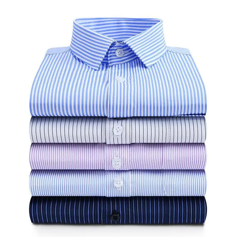 Men\'s Classic Long Sleeve Striped/Solid Basic Dress Shirt Single Patch Pocket Formal Business Regular Fit Office Social Shirt