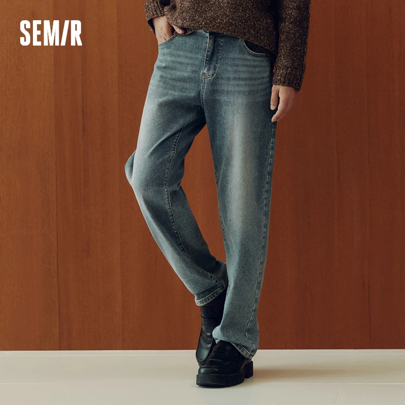 Semir Senrou الدينيم الجينز الرجال ويسكي الرجعية المتعثرة مستقيم الساق 2025 شتاء جديد السراويل الطويلة ملابس رجالية مرنة