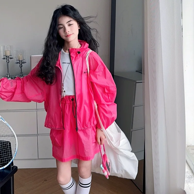 

Летний комплект защиты от солнца для девочек, свободная повседневная спортивная одежда, тонкий стиль, модная короткая юбка с высокой талией, комплект из двух предметов