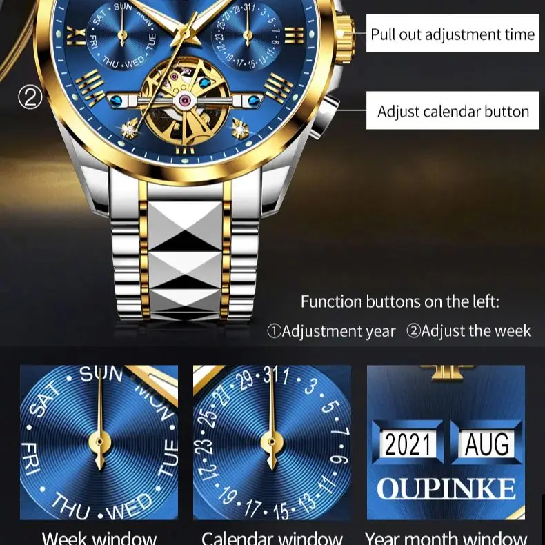 OUPINKE Original Automatic Mechanical Watch for Men Flywheel Design Tungsten steel Sapphire Mirror Luxury Brand Man Wristwatch