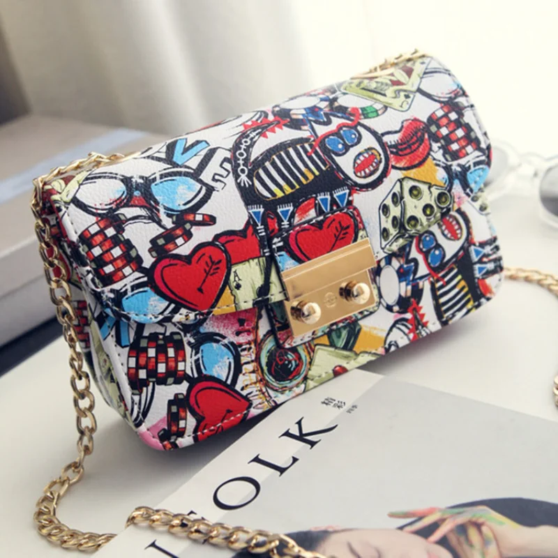 

2025 Korean Style Graffiti Print Crossbody Bag for Women Small Square Purse Adjustable Chain Strap Lock Closure Niche Aesthetic