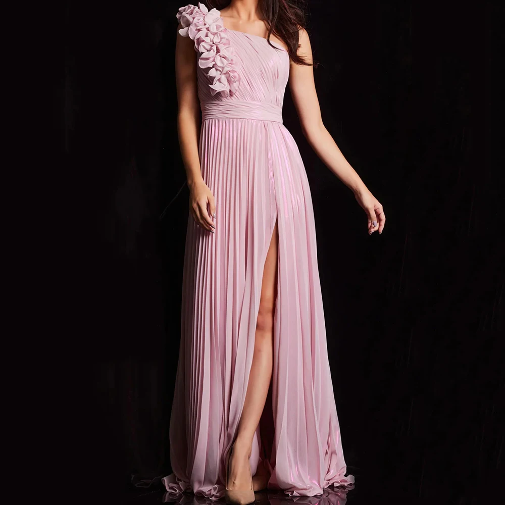 

A-line Women's Evening Dresses Floor-length One-shoulder Sleeveless Prom Gown Fashion Flowers Pleat Side-split Customized Gowns