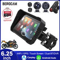 BEPOCAM 6.2in Motorcycle Black Box Touch Carplay Screen GPS Navigation IP67 Waterproof for Dual Cameras Drive Recorder Moto DVR