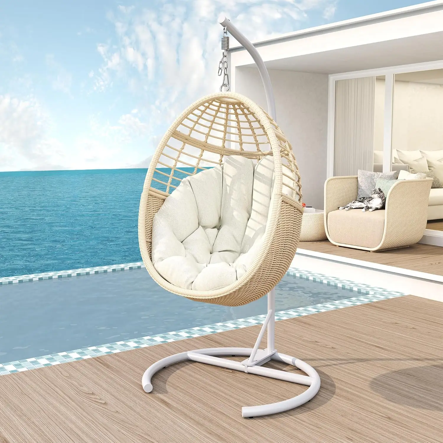 Egg Swing Chair With Stand Hanging Egg Chair Outdoor - Rattan Wicker Patio Hanging Basket Chair Hammock With Metal