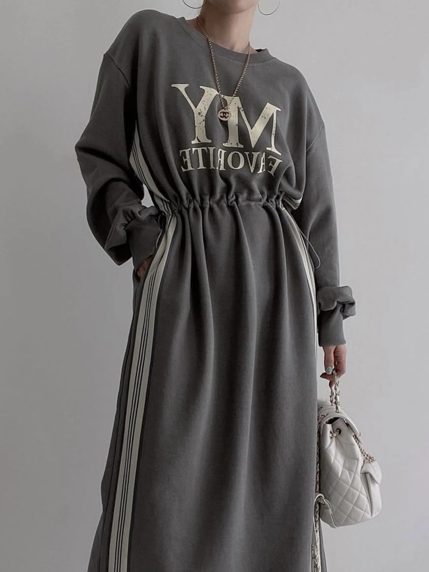 Laid-back Style Letter Print Sweatshirt Dress Women's Design Sense Drawstring Long Knee-length Skirt Cotton Polyester Blend C...