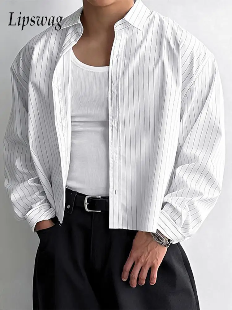 

Stylish Mens Short Shirts Long Sleeve Button-up Turn-down Collar Casual Shirt Spring Fall Streetwear Fashion Striped Print Shirt