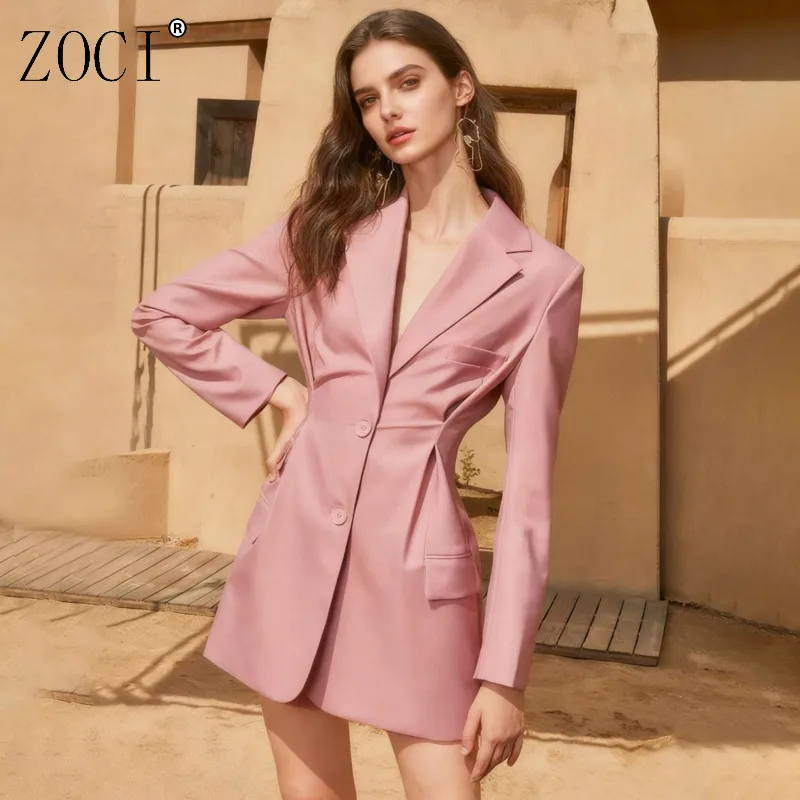 

ZOCI Oversize Solid Color Blazers For Women Suit Dress Vintage Unique Design Female V-neck Mid-length Coat 2025 Autumn New