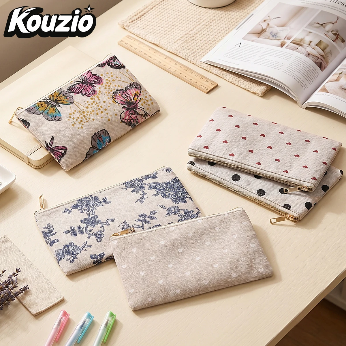 Linen Canvas Printed Pencil Case, Heart Floral Butterfly Polka Dot Multi-functional Zipper Stationery Storage Bag Back To School