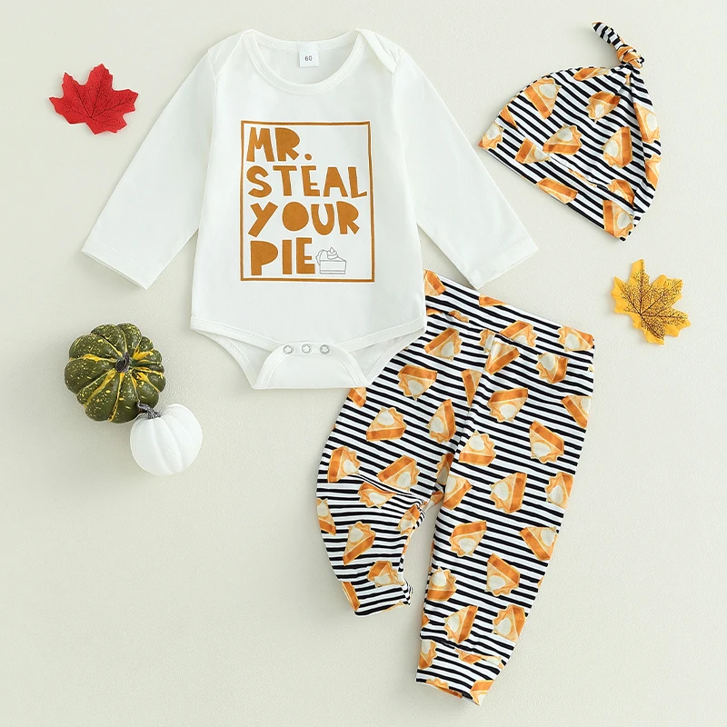 

Toddler Boys Autumn Apparel Alphabet Design Crew Neck Jumpsuit Pumpkin Pattern Striped Trousers Beanie 3-Piece Costume Set for