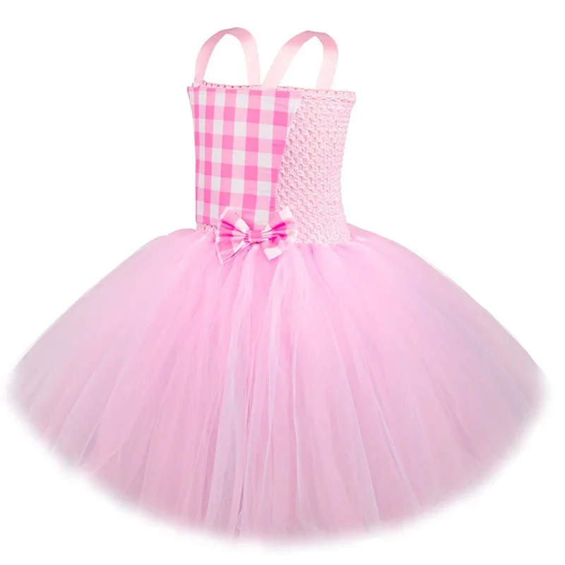 Vestido tutus de balé barbi xadrez rosa para meninas, aniversário, ano novo, trajes de princesa, crianças, natal, dia das bruxas, roupa com laço @ 0z *