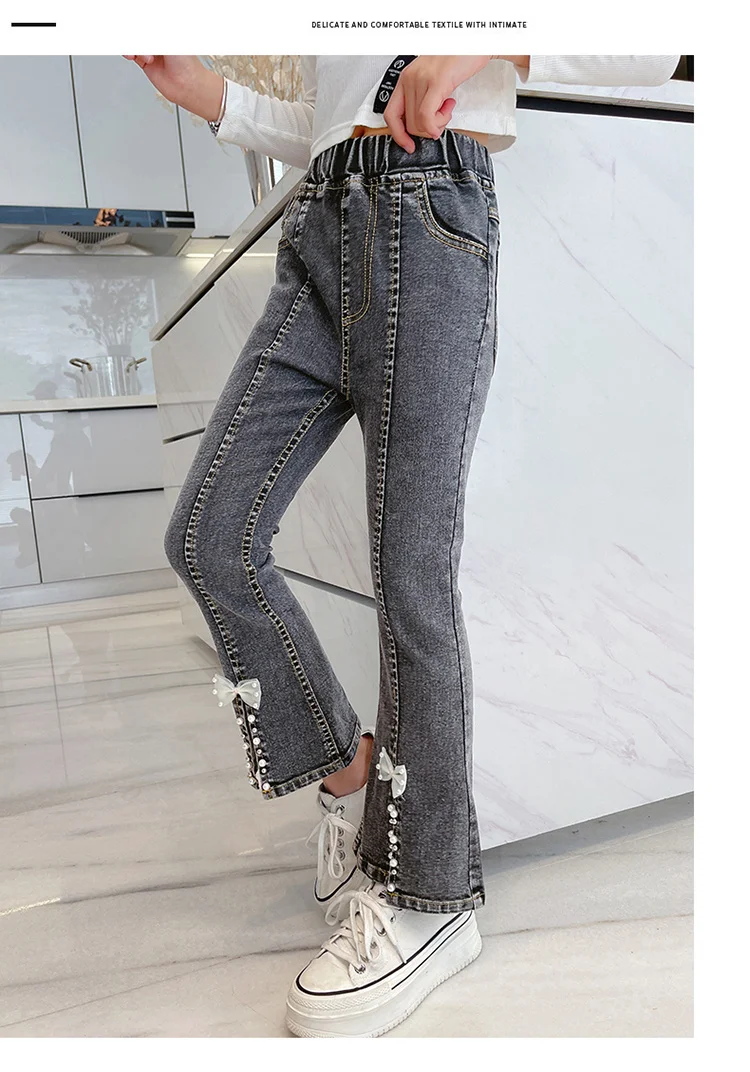 Elegante Kinder-Jeans mit Schlitz und Perlen für Mädchen, schmal geschnittene Denim-Hose mit Schleife, Kinderhose mit Schleife, Größe 5 6 7 8 9 10 11 12 13 14 – Detail 8