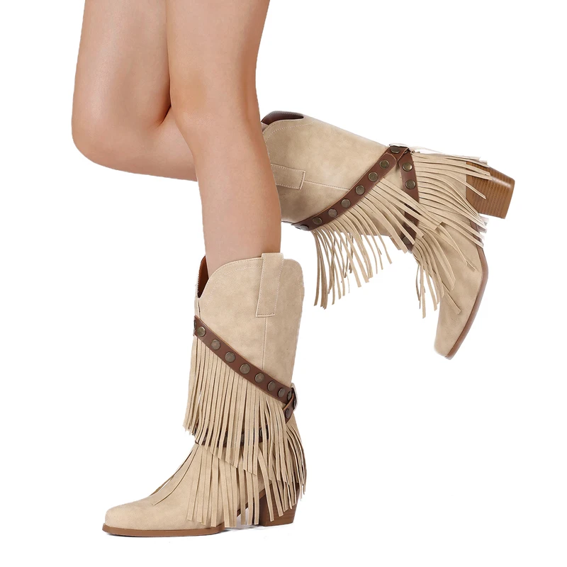 Women Vintage Ethnic Western Cowboy Mid-calf Boots Rivets Block Heels Tassel Fringe Studded Strap Booties Lady Gladiator Shoes