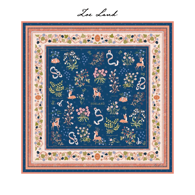 

ZOE LAND Spring Silk Scarf Silk Blue Deer Pattern Large Square Shawl Shoulder Wrap Elegant Decorative Fashion Accessory