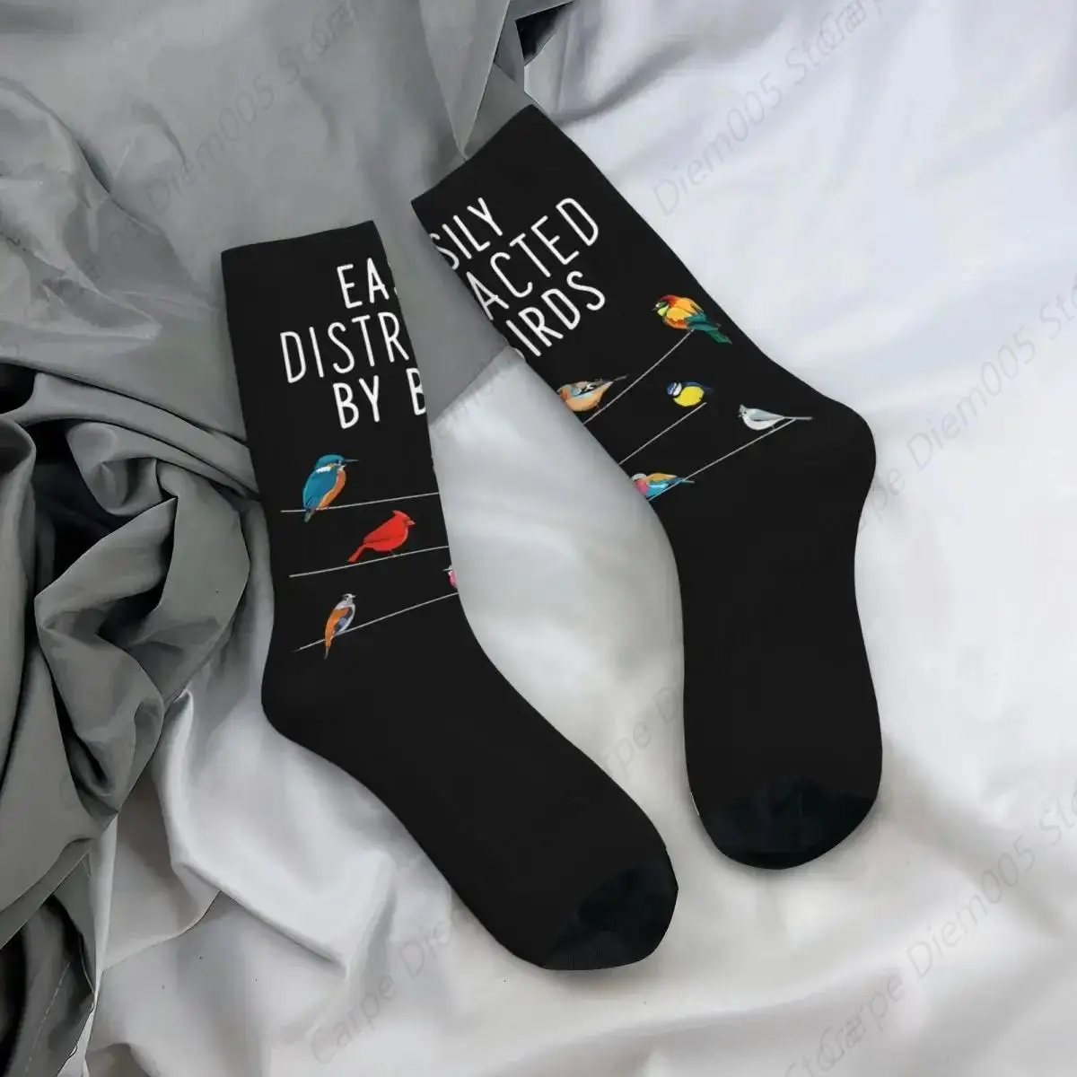 Easily Distracted By Birds, Birthday Gift For Bird Lovers, Birdwatcher And Ornithologist Socks Stockings All Season Long Socks