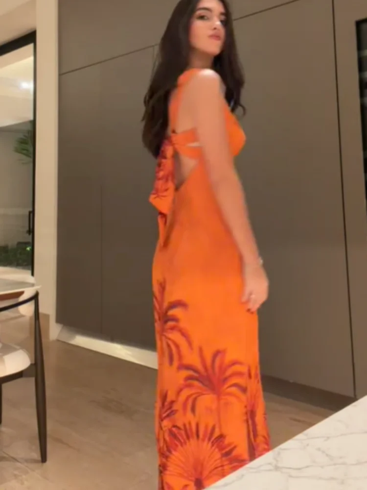 

Женское пляжное макси-платье с принтом кокосовых пальм, с открытой спиной, на бретельках, длинное, для отпуска, новинка 2026 года, летние платья для женщин