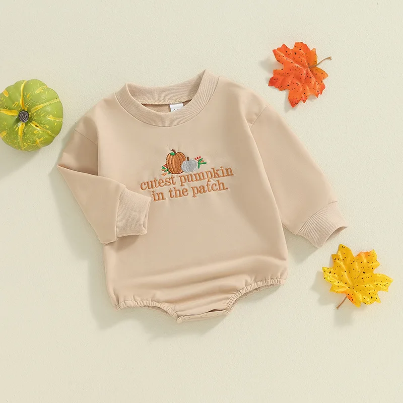

Pumpkin Embroidered Baby Girl Romper Long Sleeved Halloween Baby Jumpsuit Holiday Newborn Clothes L