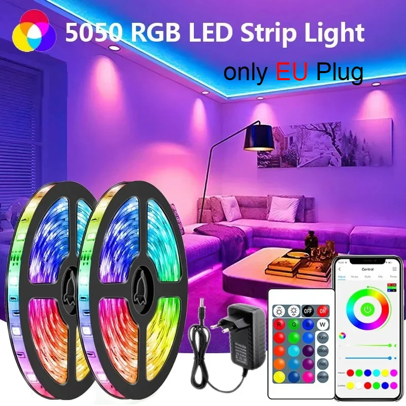 Lampu setrip LED 5050 RGB, lampu setrip Led WiFi, pita fleksibel berubah warna, dekorasi ruangan pencahayaan Led Diode dengan colokan EU