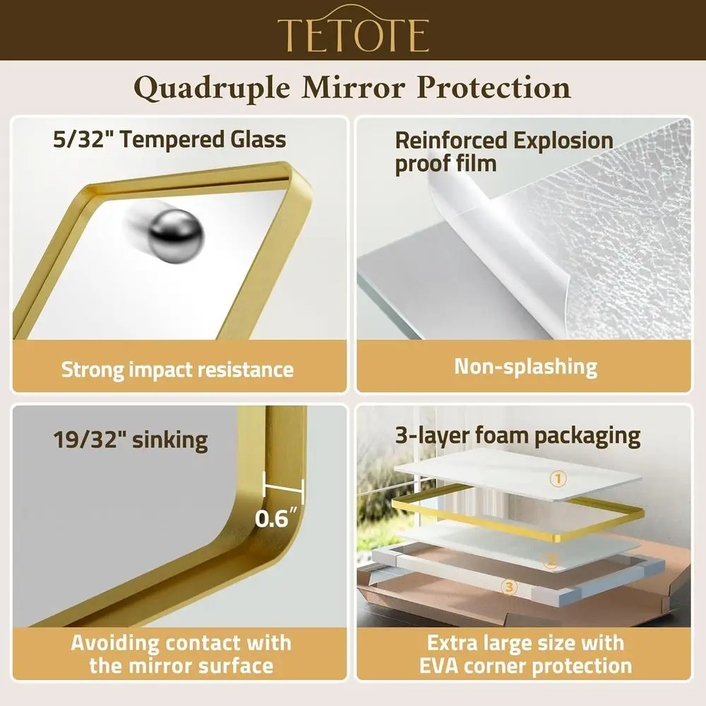 Espejo de pared de vidrio templado estilo granja 48x24, marco dorado cepillado, decorativo moderno para baño (horizontal/vertical)