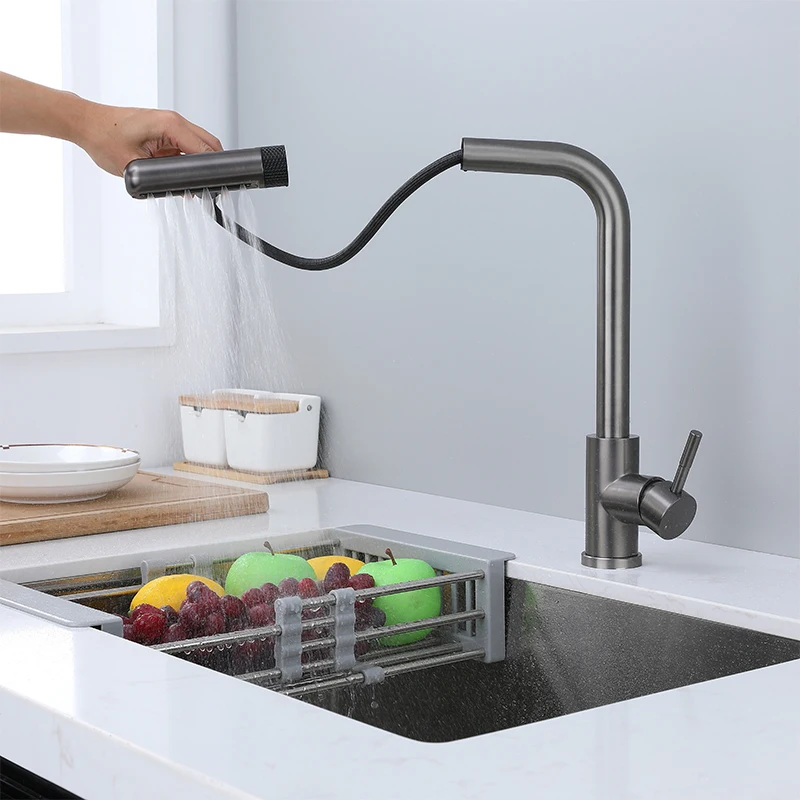 6 Mode Gray Kitchen Faucets Pull Out Rotation Waterfall Black Stream Sprayer Head Sink Mixer Brushed Nickle Water Tap Accessorie