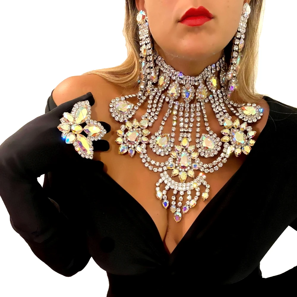 Exaggerate Drop Necklace Earring Ring 3pc/Set Luxury Oversize Drag Queen Accessories Rhinestone Jewelry Set Large for Women 2023