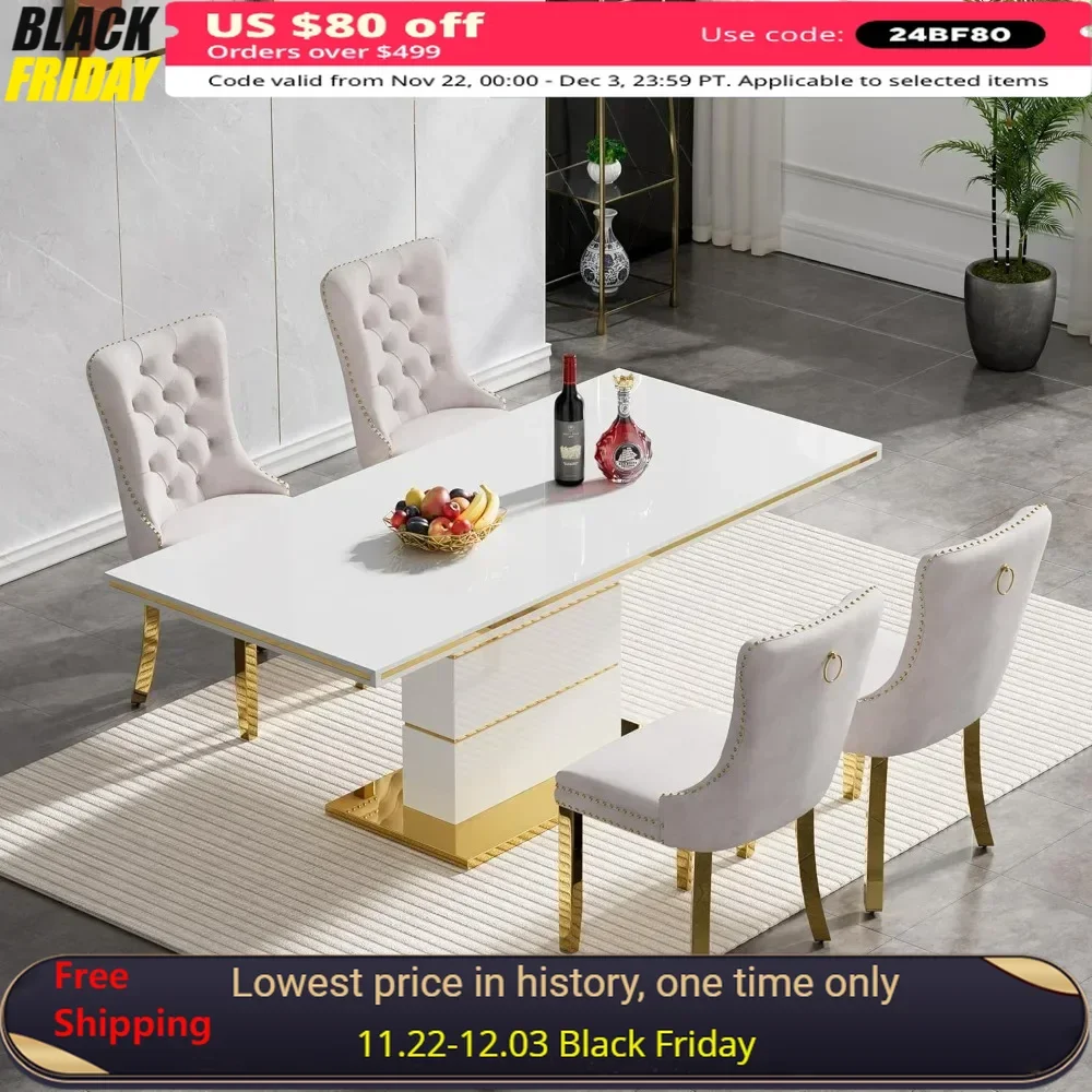 

Dining Table and Chairs, Gloss White Wood Kitchen Table with Steel Pedestal Base and 4Beige Upholstered Chairs, Dining Room Sets