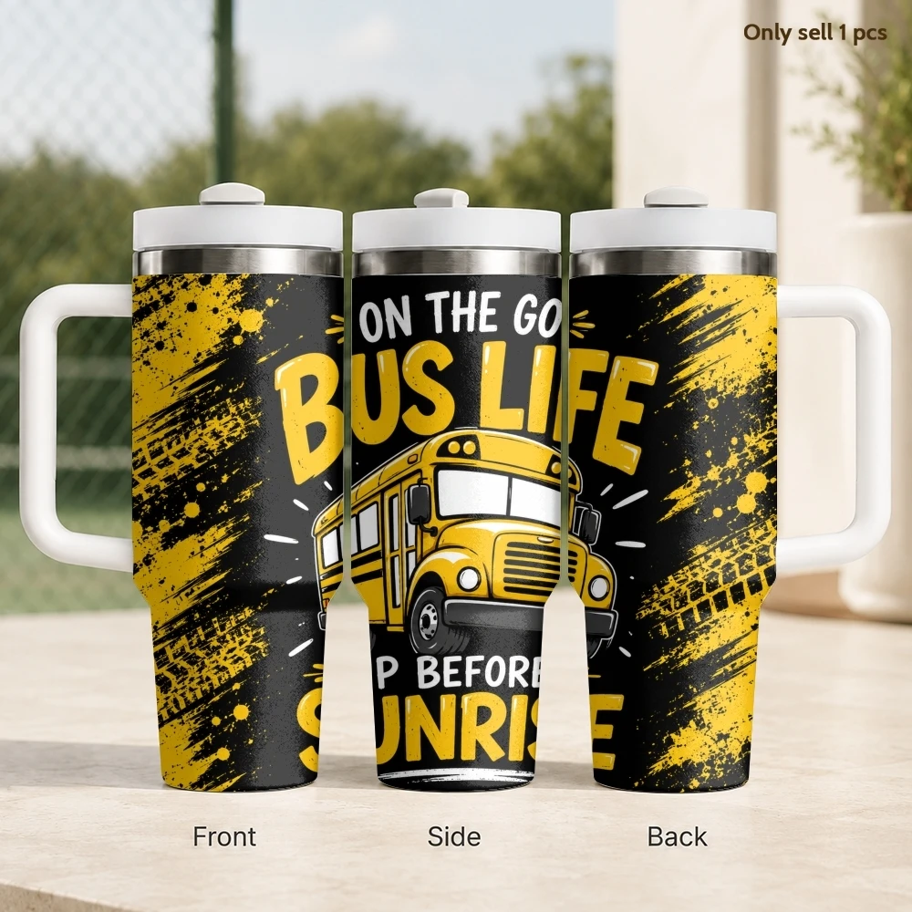 School Bus Sign Vacuum Flasks 40oz Stainless Steel Insulated Tumbler with Handle & Straw Leakproof Travel Mug