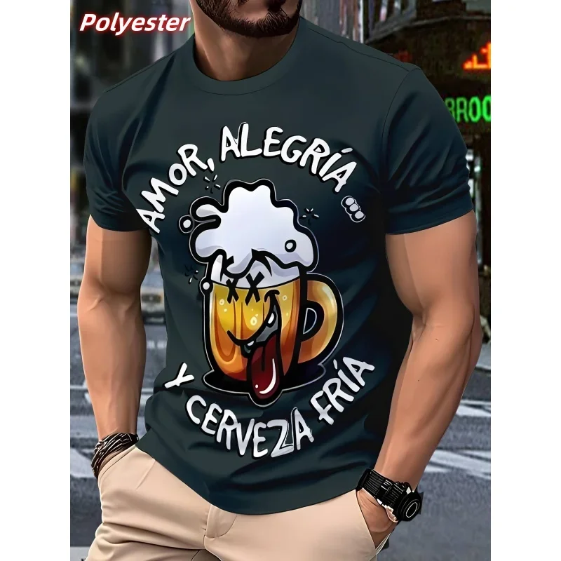 Interesting Street-style Beer-patterned Men's T-shirt Humorous 3D-printed T-shirt Fashionable Round-neck Top Suitable for Summ