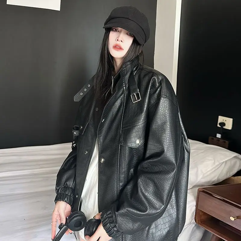 Autumn Cool Brown Oversized Leather Jacket Women Drop Shoulder Long Sleeve Zippper High Quality American Retro Clothing