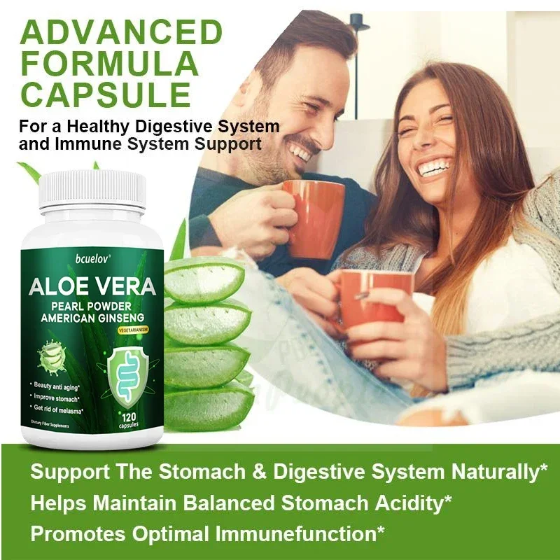 Aloe Vera Capsules - Contains Pearl Powder and American Ginseng, Powerful Fat Burning Cellulite Detoxification Digestion, Immune