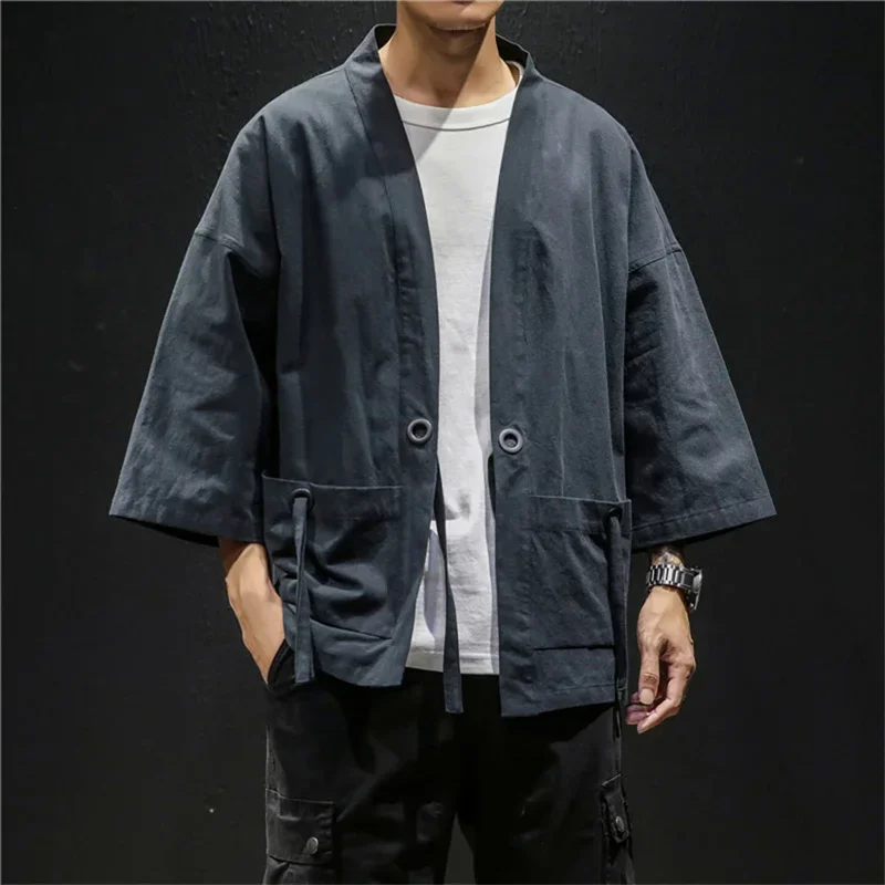 Japanese Fashion Kimono Cardigan Traditional Linen Shirts Men Basic Solid Color Samurai Costume Male Streetwear Yukata Haor MN10