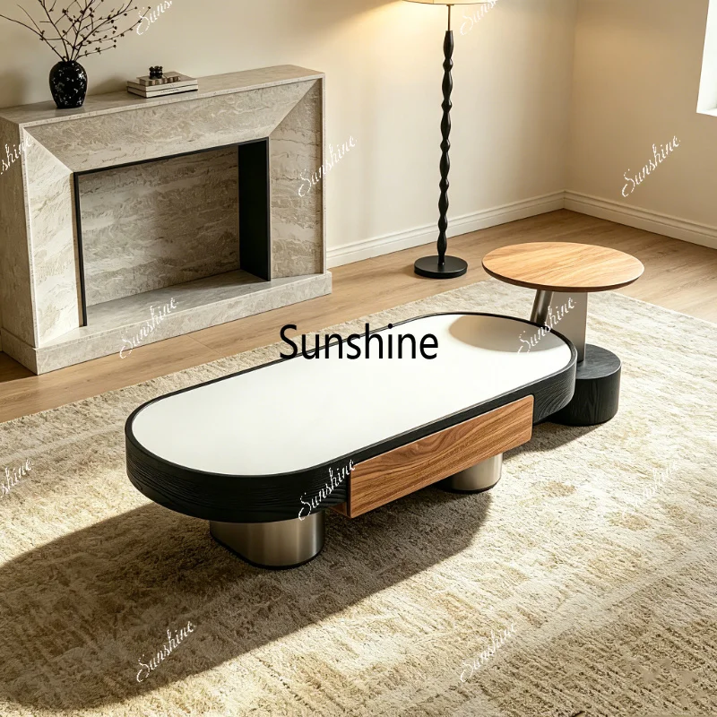 Coffee table high and low combination living room for home use, oval double pumping modern minimalist light luxury