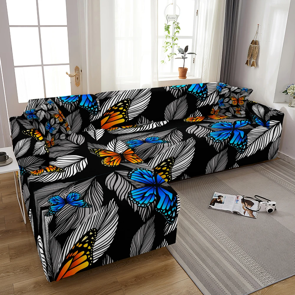 

Butterfly Sofa Covers for Living Room Elastic Slipcovers Stretch Couch Cover L Shape Funda De Sofá Flower Tropical Leaves Print