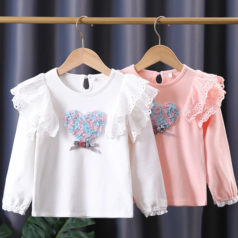 

Новый Топ с длинным рукавом для девочек, изготовлен из чистого хлопка с принтом в виде сердца, базовое пальто для девочек, детская Универсальная футболка для девочек