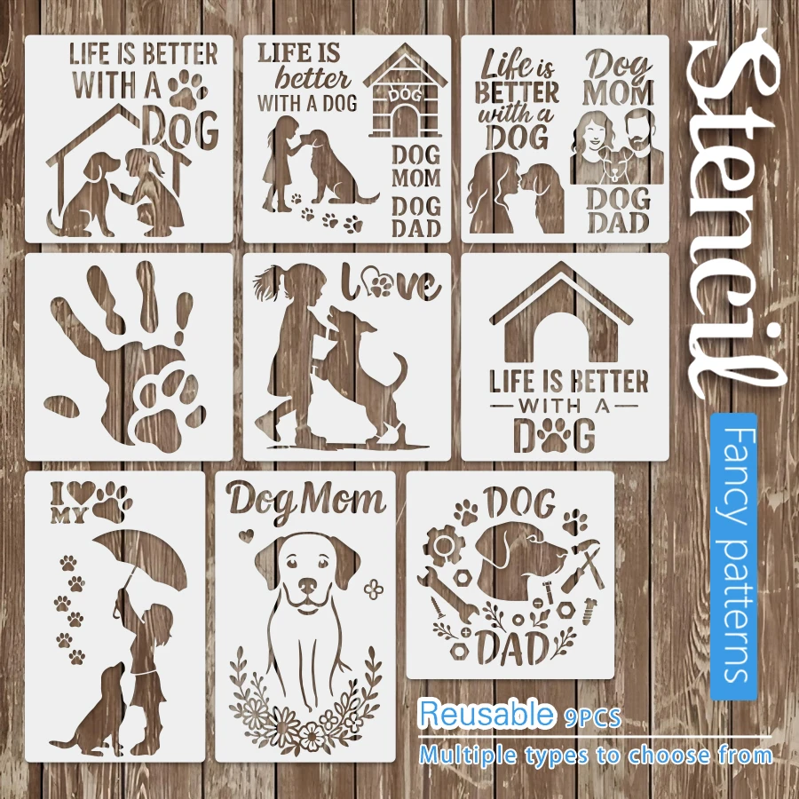 9-teiliges wiederverwendbares Hundeschablonen-Set zum Basteln – „Das Leben ist besser mit einem Hund“, Hundemama, Hundemater, Haustierkunstschablonen für Wand, Leinwand