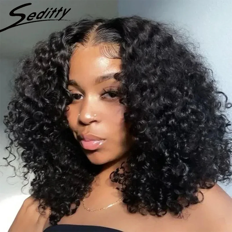 

Brazilian Loose Deep Wave 13x4 Lace Frontal Human Hair Wigs 200% Density Transparent Curly Short Bob Wig Remy Wigs For Women #1B