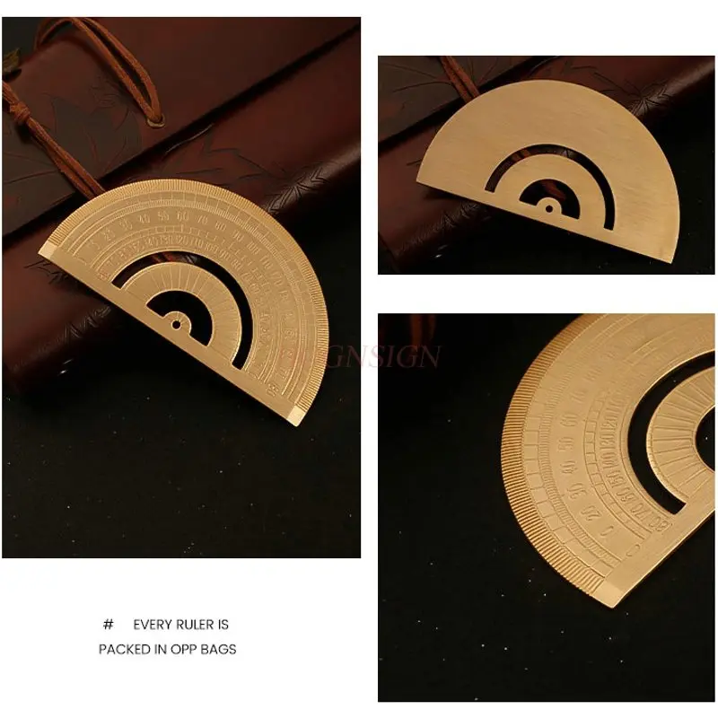 1pcs Retro gold ruler, brass half circle gauge, protractor, drawing, brass ruler, thickened
