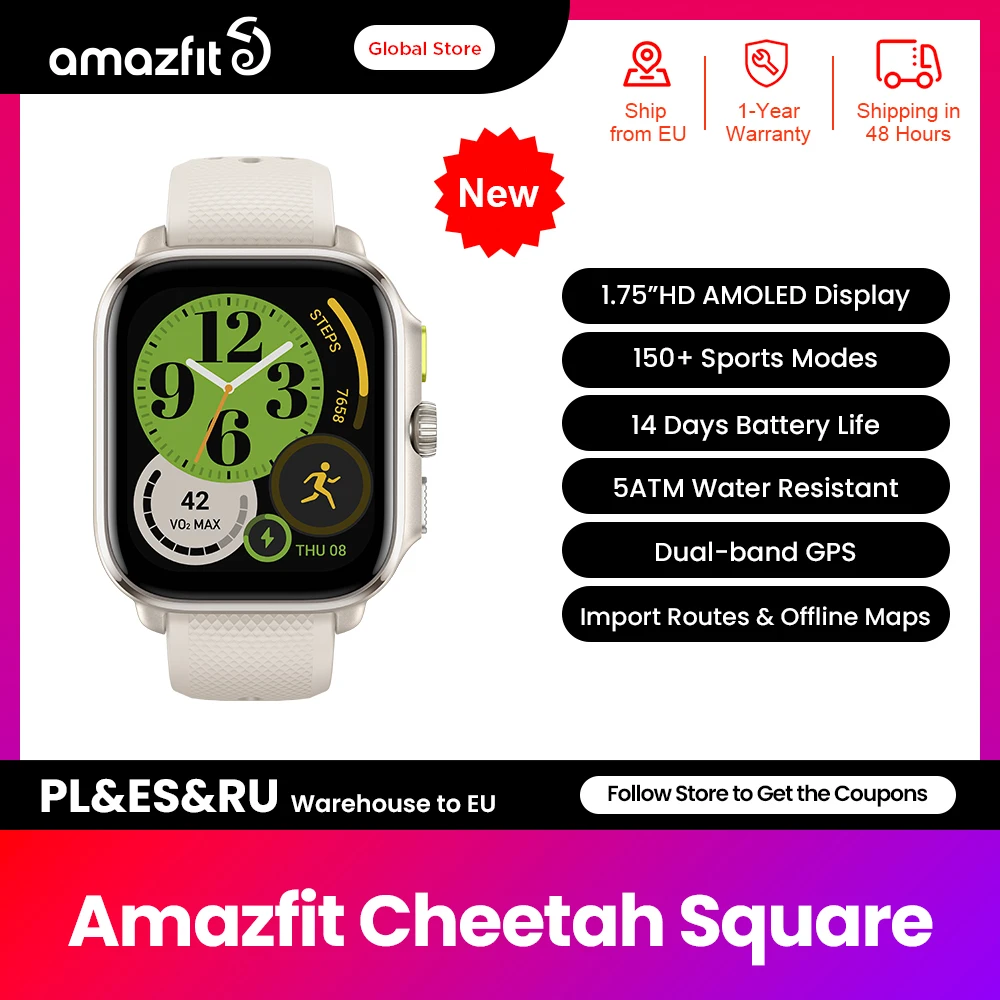 New Cheetah Sqaure 44mm Smartwatch 24/7 Health Monitoring Dual-band GPS 150+Sports Mode Smart Watch  For Android IOS Phone