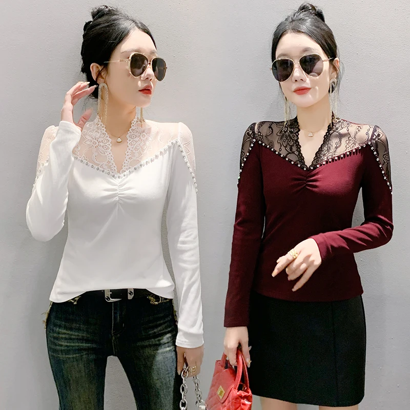 New Autumn Winter Long Sleeved V-Neck Women\'s T-Shirt Elegant Slim Sexy Hollow Out Beading Mesh Tops M-3XL Clothing