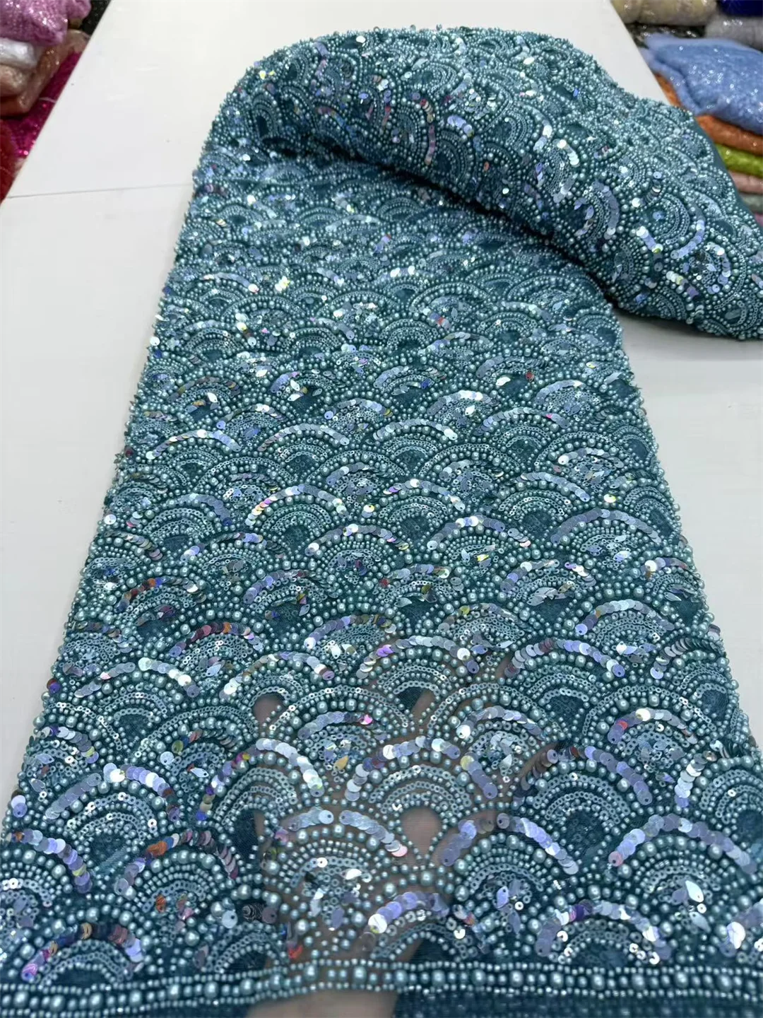Luxury Beads Lace African 2026 High Quality 5 Yards Handmade Beads Sequins Fabric Nigeria For Evening Party Dres